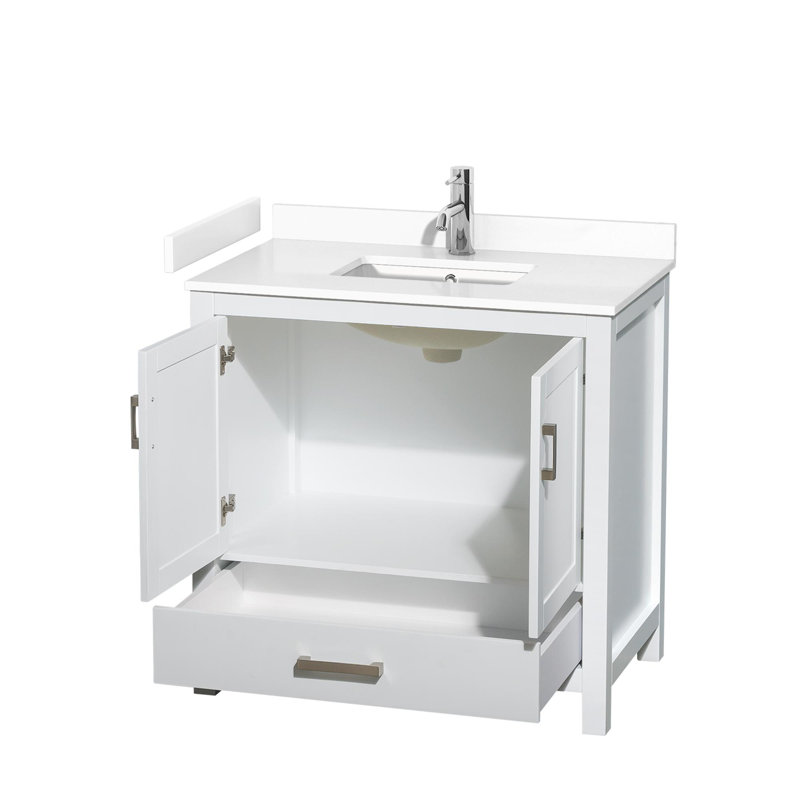 Meuble-lavabo simple avec plateau en marbre Sheffield, Marbre de culture blanc, Blanc, 36"