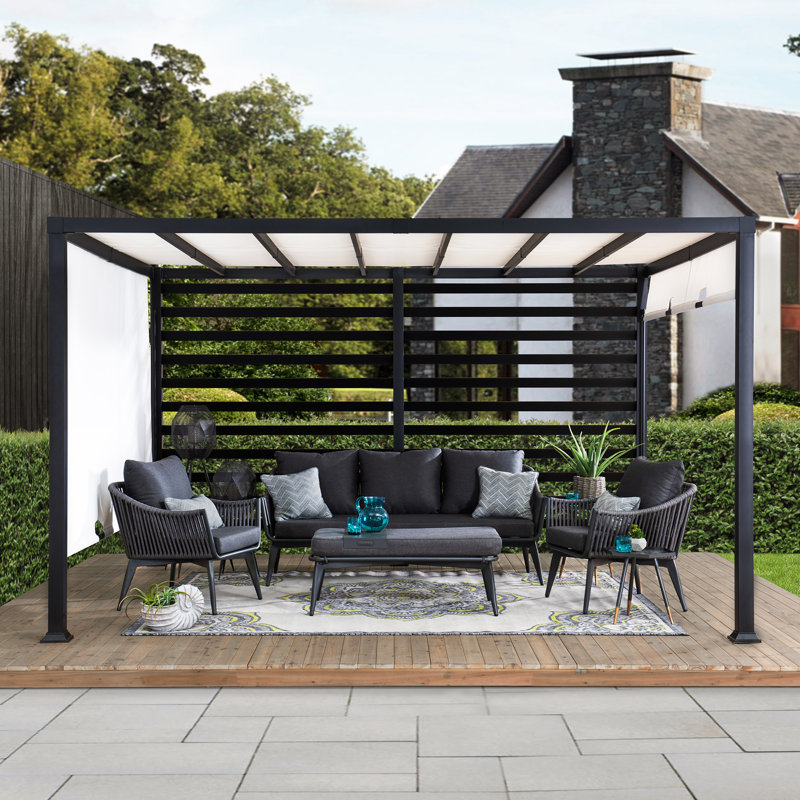 Sunjoy Outdoor Pergola 10 x 12 ft. Steel Pergolas with White Adjustable Shade and Privacy Screen for Backyard