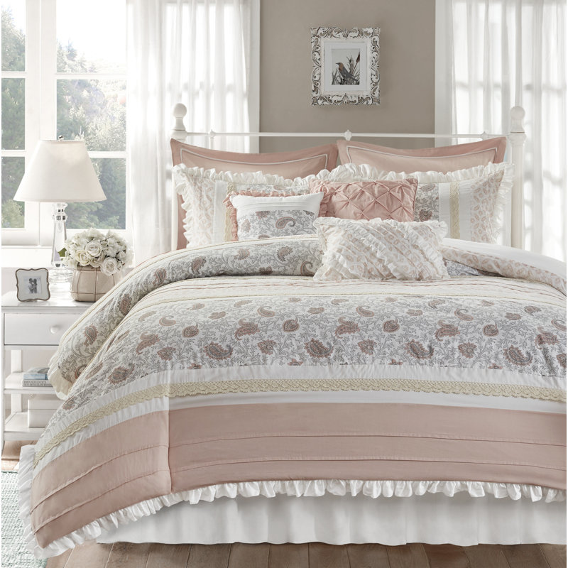 Ensemble d'édredon en percale de coton 9 pièces Dawn, Grand édredon et 8 pièces supplémentaires, Rougir