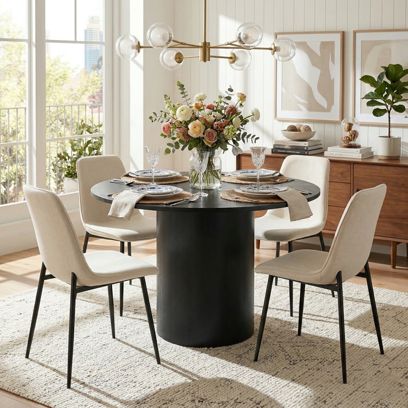 Folmar 4 - Person Dining Table Sets With 41.5'' Round Table & 4 Upholstered Chenille Chairs, Beige