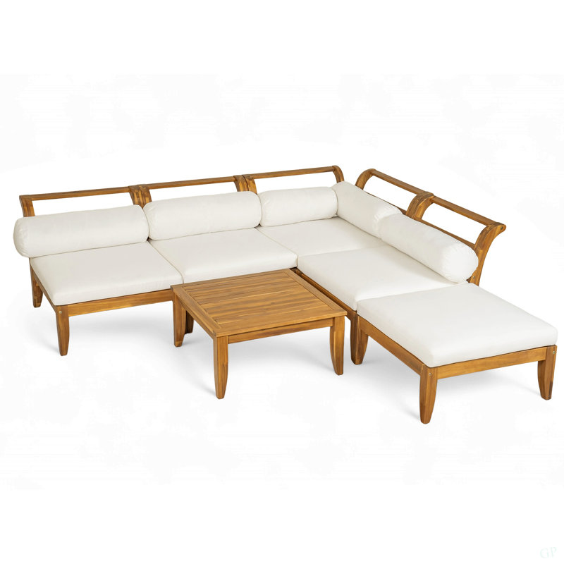 Ensemble de canapé de patio 6 pièces, ensemble de conversation modulaire d'extérieur en bois d'acacia, ensemble de conversation en forme de L, lit de jour convertible avec table à thé, repose-pieds, 5 coussins et coussins, teck et beige
