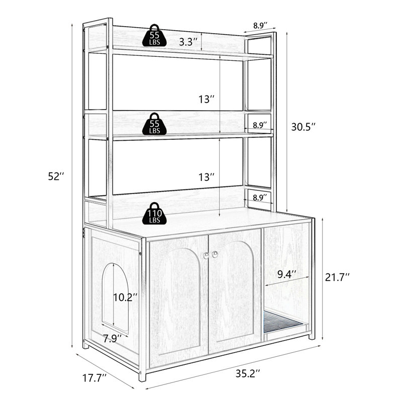 Grand bac à litière pour chat avec tablette et bloc-notes, armoire intérieure stable, salle de bain cachée, 2 portes, armoire brune, baie de rangement pour salle de bain, portes