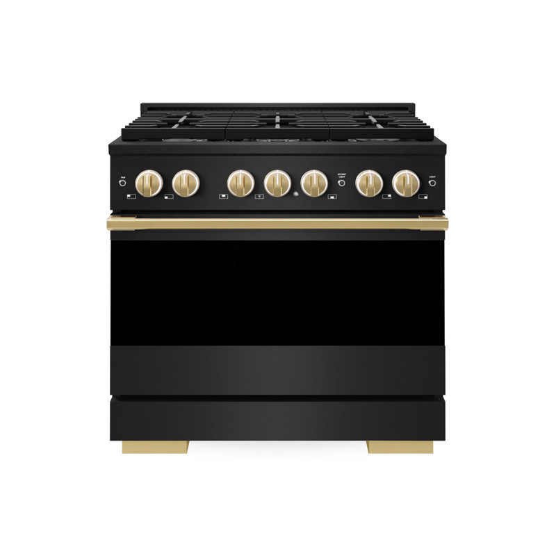 ZLINE Autograph 36 in. Marino Black Stainless Gas Range w/ 6 Gas Burners & Gold Accents, Black Stainless Steel/Polished Gold