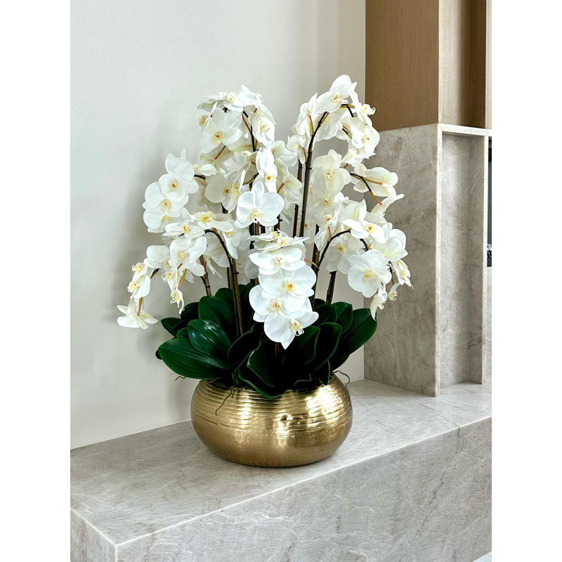 White Phalaenopsis Orchids In Gold Metal Bowie Bowl, White