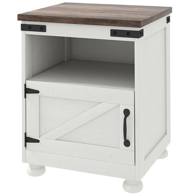 Small White End Table With Storage, Side Open Shelf, Cupboard And Modern Design On Wood Legs, 23.6" High