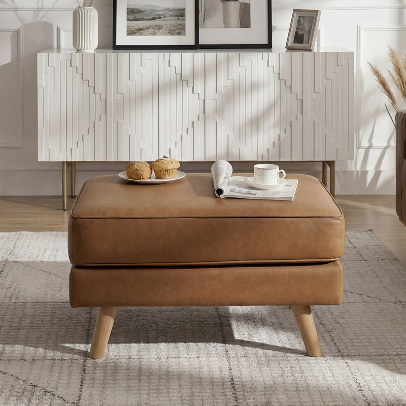 Repose-pieds rembourré de style Mid-Century de 29,7 po de largeur, repose-pieds en similicuir avec pieds en bois massif, tabouret de table basse pour le salon, la chambre à coucher et le vestibule