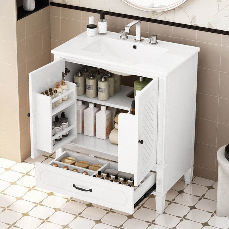 Meuble-lavabo de salle de bain avec espace de rangement multifonctionnel, Blanc