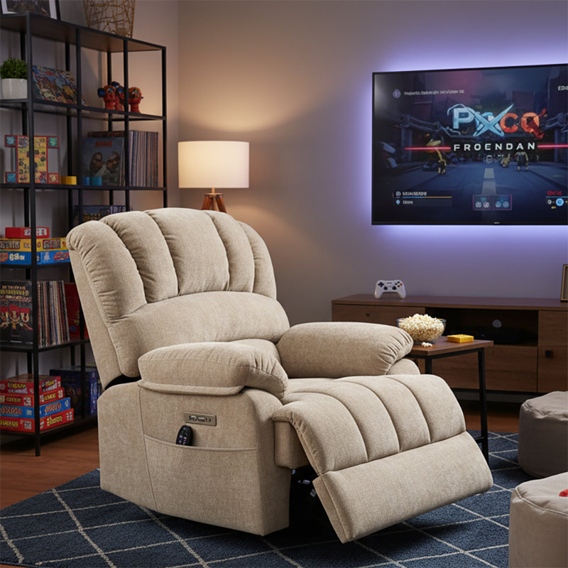 Large Size Power Chenille Upholstered Recliner Chair with Lift Base and Massage Heating Function, Beige