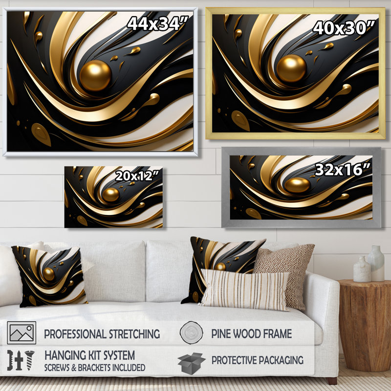«Gold Core», art mural blanc, noir et abstrait, Toile avec cadre flottant or, H 34 po x l 44 po x P 1,5 po