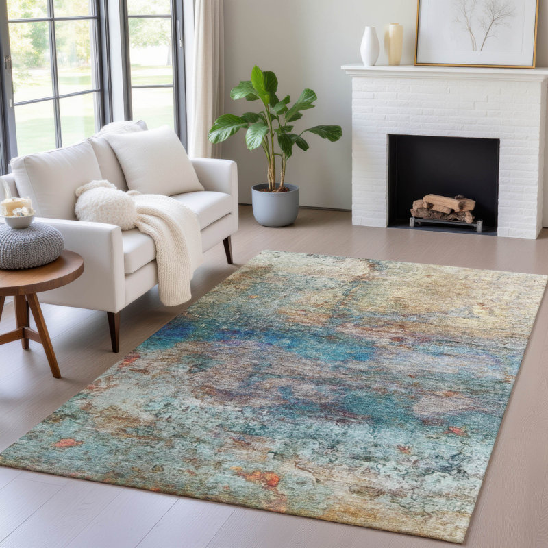 Machine Washable Indoor/Outdoor Xhevrie Teal Rug, Rectangle 10' x 14'