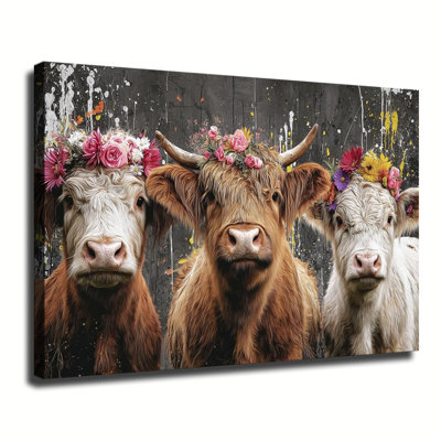 Rustic Farmhouse Highland Cow Animal Wall Art, Large Gallery Wrapped Canvas Wall Art Print for Living Room & Bedroom