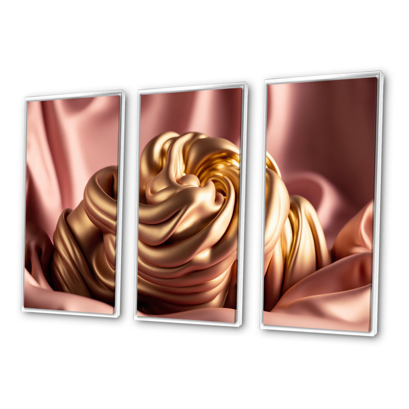 Luscious liquide or en rose et taupe VII - impression sur toile 3 pièces, H 32 po x l 48 po x P 1 po, Toile avec cadre blanc