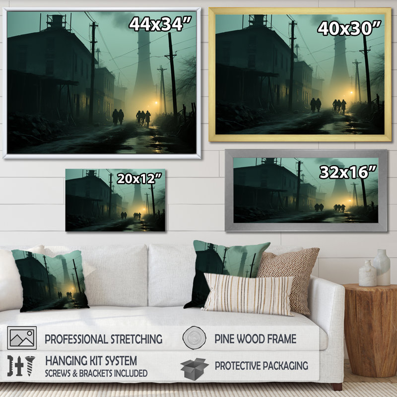 «Rainy Monochen Industrial Landscape I», reproduction sur toile, Cadre doré simple, H 24 po x l 32 po x P 1 po