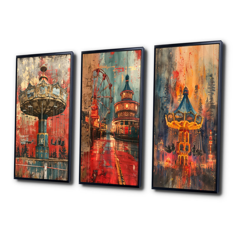 Parc d'attractions rétro rouge et bleu I - Collection d'art mural industriel, H 32 po x l 48 po, Noir