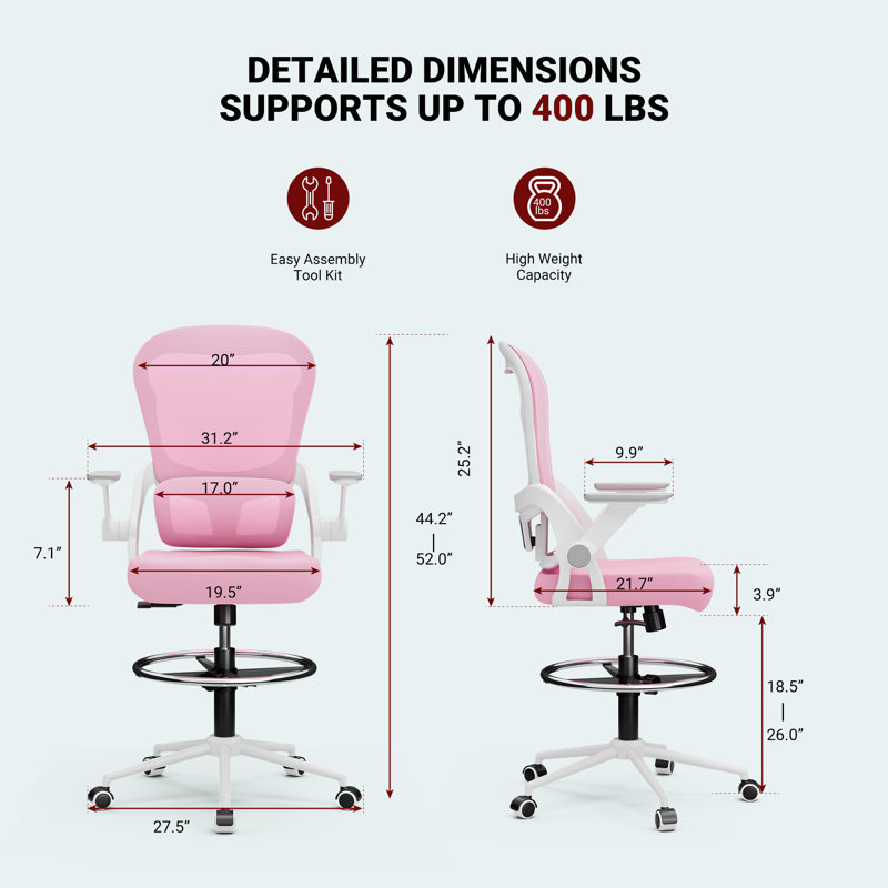 Mikaella Ergonomic Drafting Chair, White, Pink