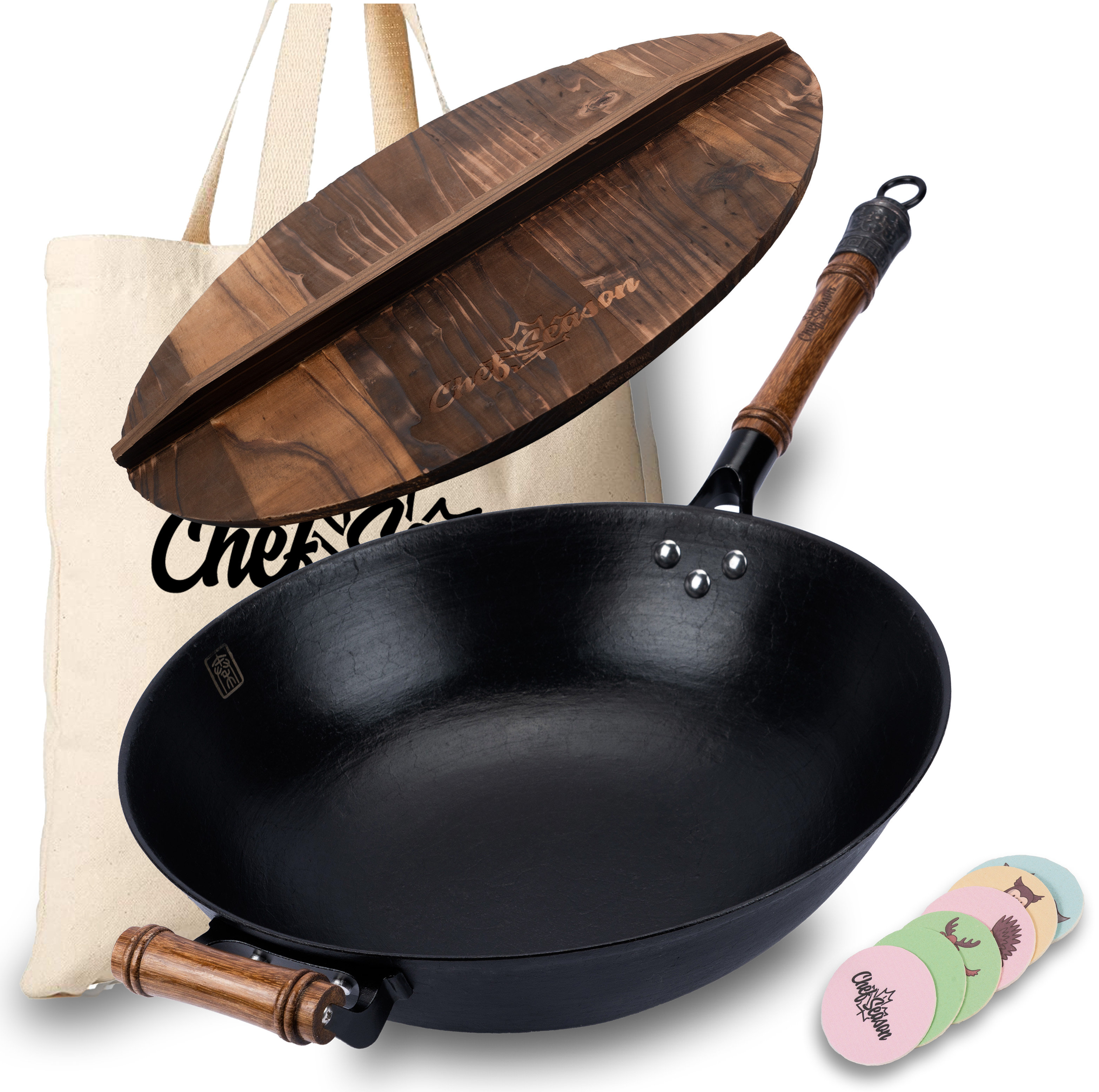 ChefSeason Classic Cast Iron Frying Wok with Wooden Handle & Lid