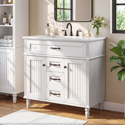 Meuble-lavabo sur pied 36 po avec lavabo en céramique intégré, blanc