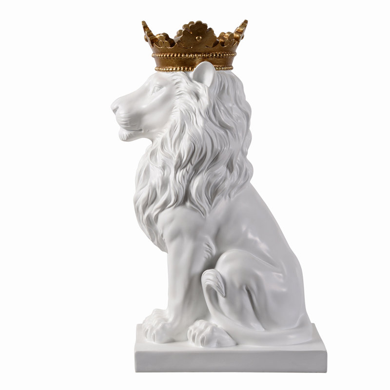 14.5" H Sitting Lion W/Crown Resin Statue Home Decor Living Room Display, White/Gold