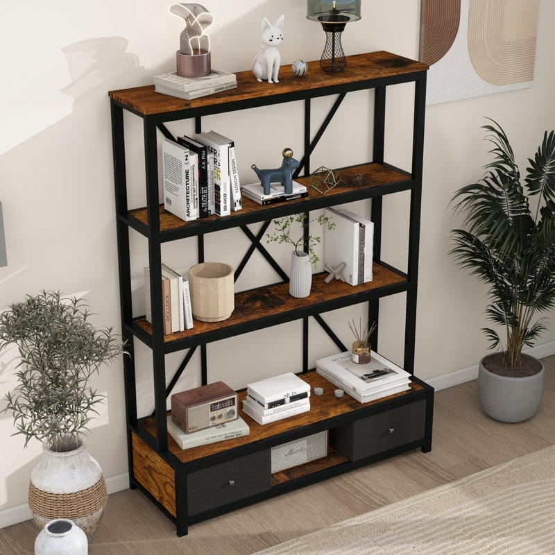 Bibliothèque à 3 niveaux avec tablettes ouvertes et 2 tiroirs de rangement, Rétro