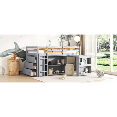 Grey Twin Loft Bed With Secure Storage And Sleep Environment Space Utilization - Drawer & Shelf Cabinets