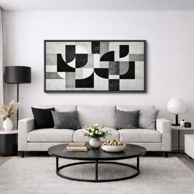 Abstract Black White Geometric Grid Pattern Artwork, Contemporary Living Room Pictures, Framed Canvas Giclee Print Wall Art