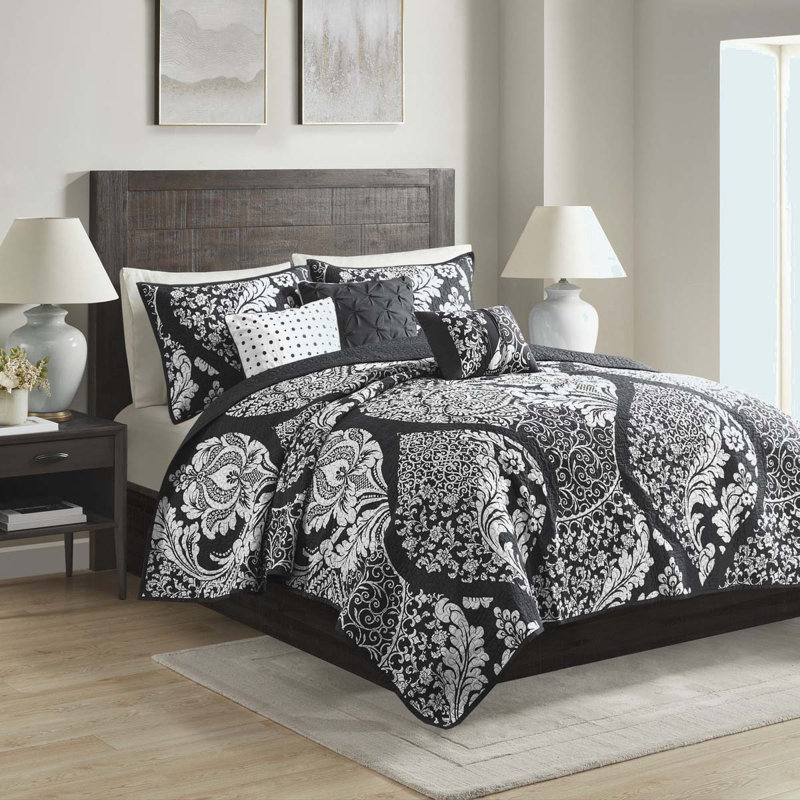 Ensemble de courtepointe en coton imprimé 6 pièces avec coussins décoratifs, Noir, noir, noir, noir