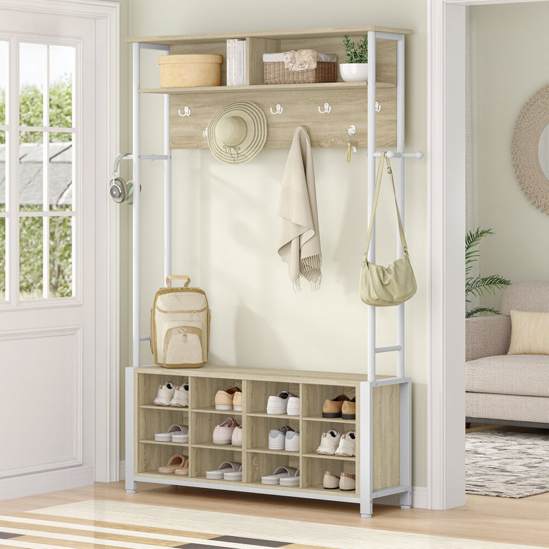 Coat Rack with Shoe Storage, Hall Tree with Bench for Hallway, 14 Open Compartments, Coat Stand with Adjustable Shelves, 13 Hooks, Top Storage for Living Room, Entrence 