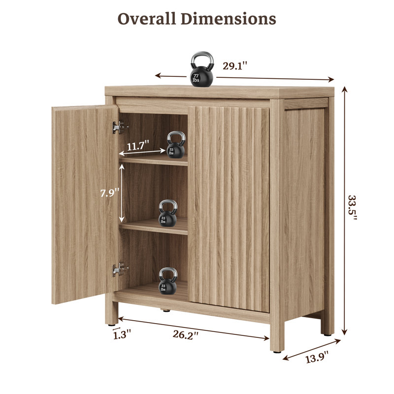 29.1"W Fluted Panel Sideboard  With 2 Adjustable Shelves, Light Oak, 1