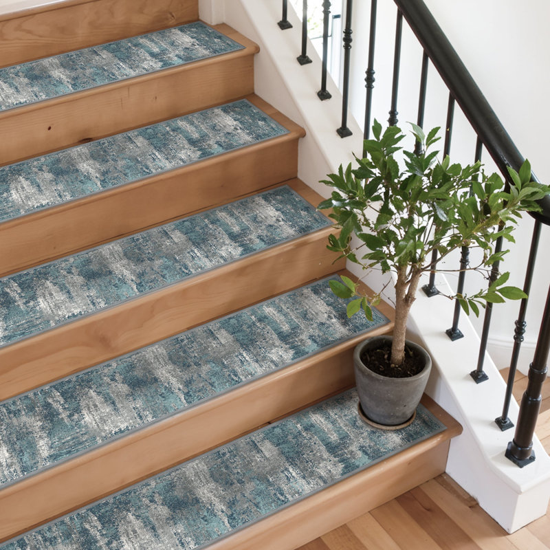 Abstract Modern Non-Slip Stair Treads Teal / Grey Washable Stair Mats with Adhesive Backing, Teal/Grey
