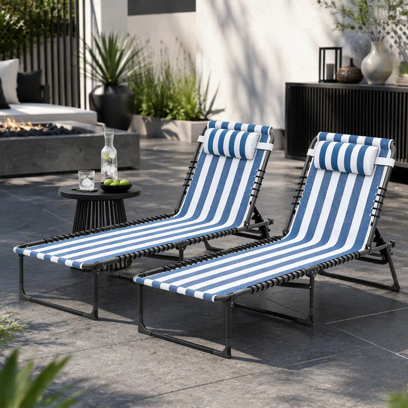 Chaise longue d'extérieur pliante 2 pièces, Blanc / bleu / noir
