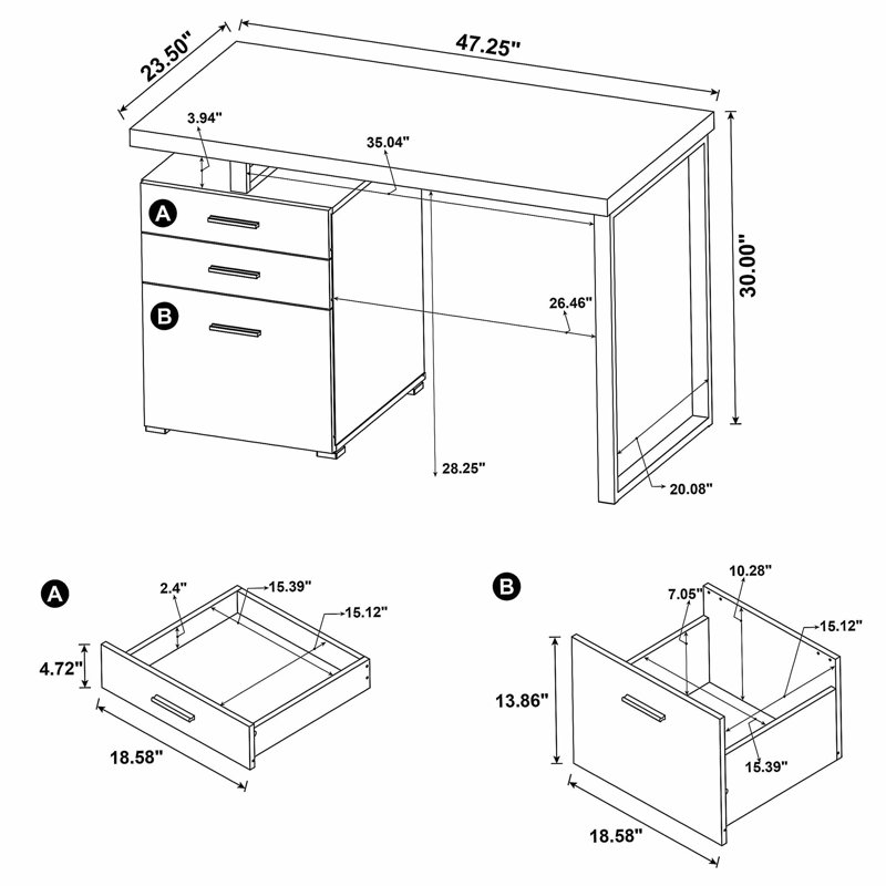 Bureau réversible à 3 tiroirs gris patiné, Gris