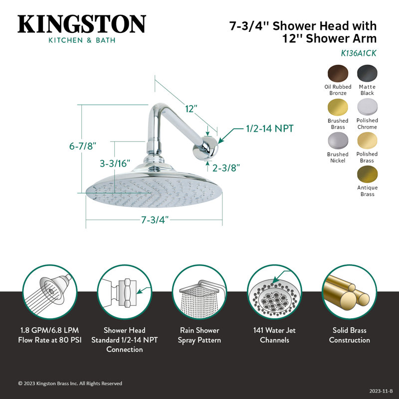 Kingston Brass Shower Scape 7-3/4-Inch Round Raindrop Brass Shower Head with 12-Inch Shower Arm, Polished Chrome