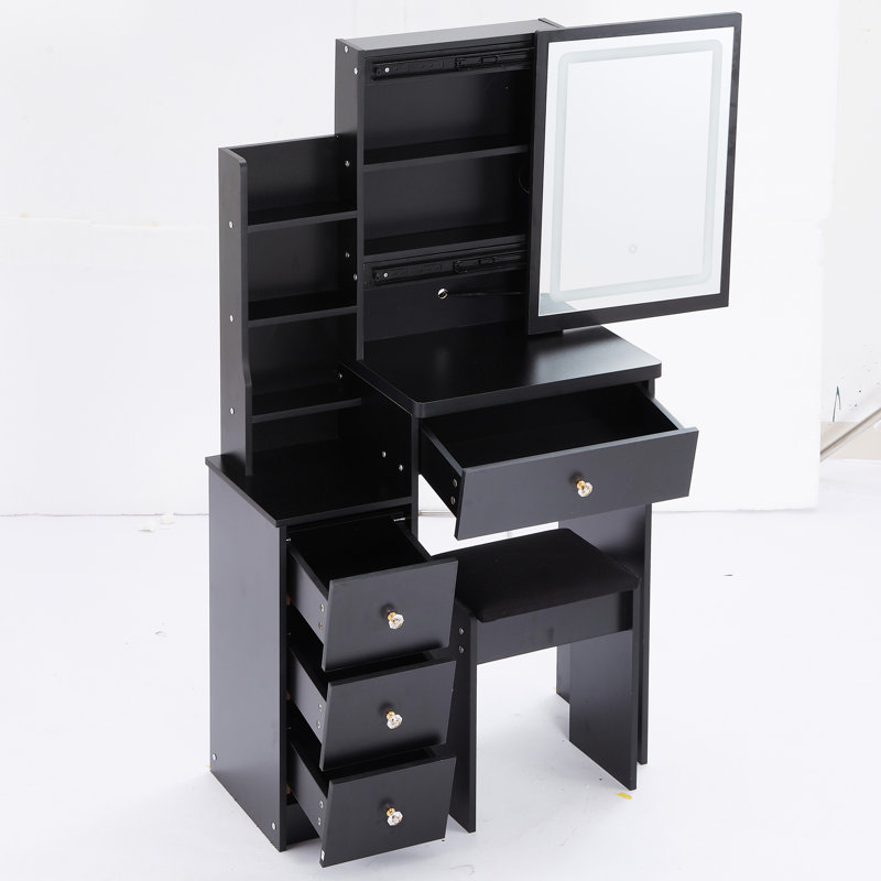 Compact Left Bedside Vanity With Led Mirror, Adjustable Brightness & Color Choices, Cushioned Seat, , Black, For Small Rooms Space- Dressing Stool Touch Control Variable And Switching, Black American