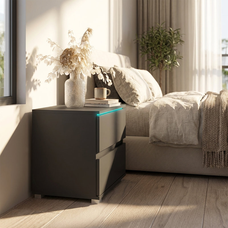 Astorga 19.7" Nightstand with 16-Color LED Lighting, High Gloss Finish, Gray