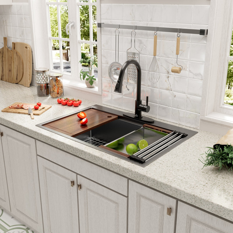 Casainc 33" L x 22" W Drop-in Stainless Steel Kitchen Sink with Faucet Included