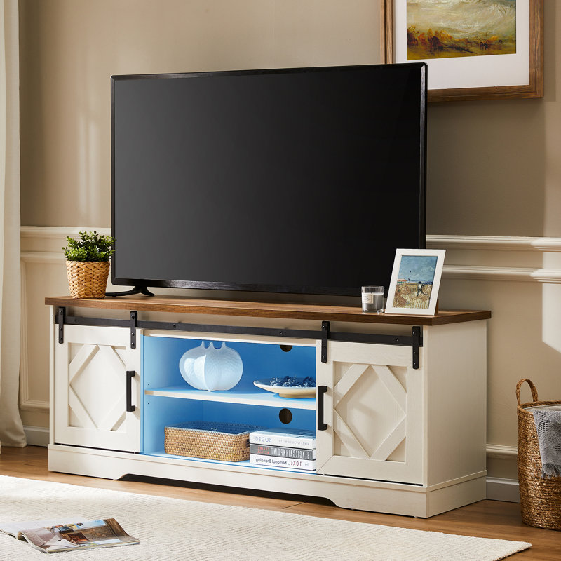 Meuble télé avec lumière bleue pour téléviseur de 65 po ou moins Laziza, Blanc / beige