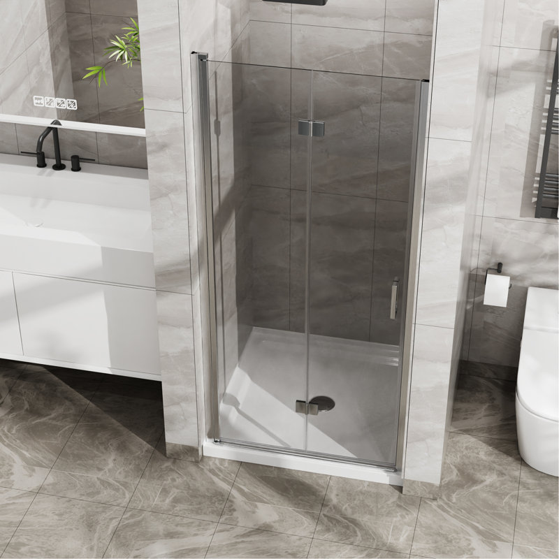 Porte de douche pliante en verre sans cadre 34 po x 72 po avec base en acrylique, verre trempé transparent de 1/4 po, pliable