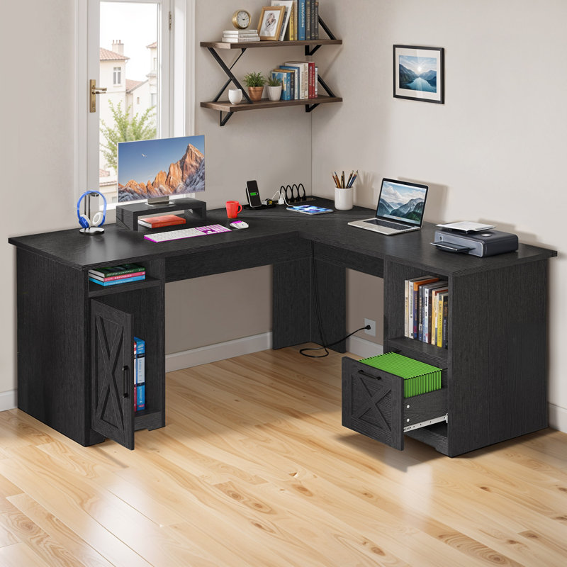 Aimaan L-Shaped Computer Desk with Power Outlet, Black