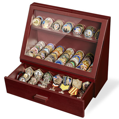 Challenge Coin Display Case,13 Row Military Medal Holder, Holds 100 Coins, Solid Wood With Acrylic And Drawers For Desktop
