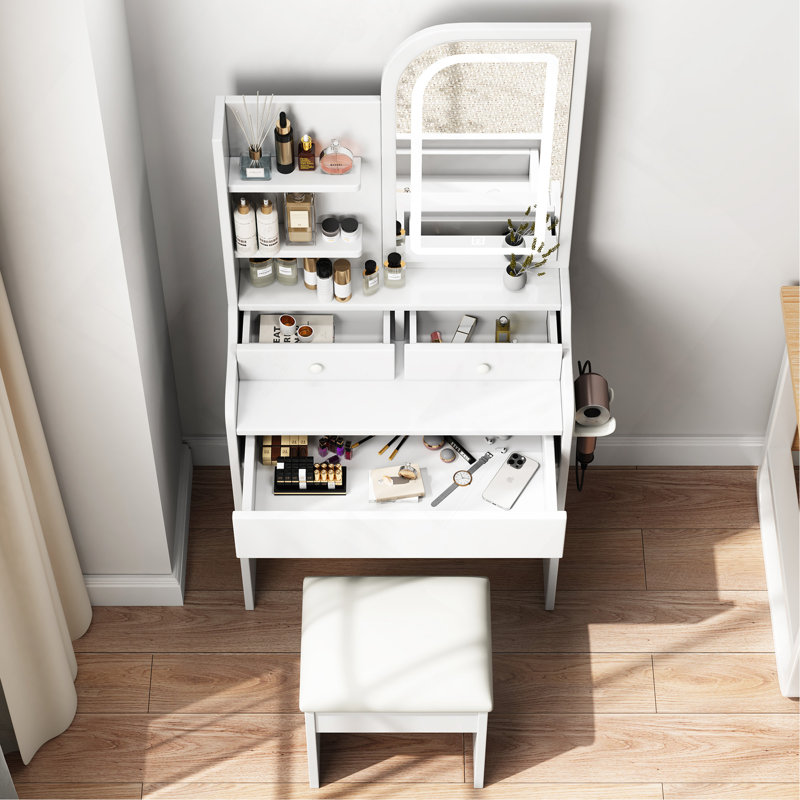 Fashion Vanity Desk With Mirror And Lights For Makeup With Hair Dryer Holder And Chair, Vanity Mirror With Lights And Table Set With 3 Color Lighting Brightness Adjustable, 3 Drawers, White Color