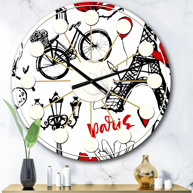 Horloge murale moderne Paris Eiffel Eiffel Hearts I - Mid-Century, Surdimensionné