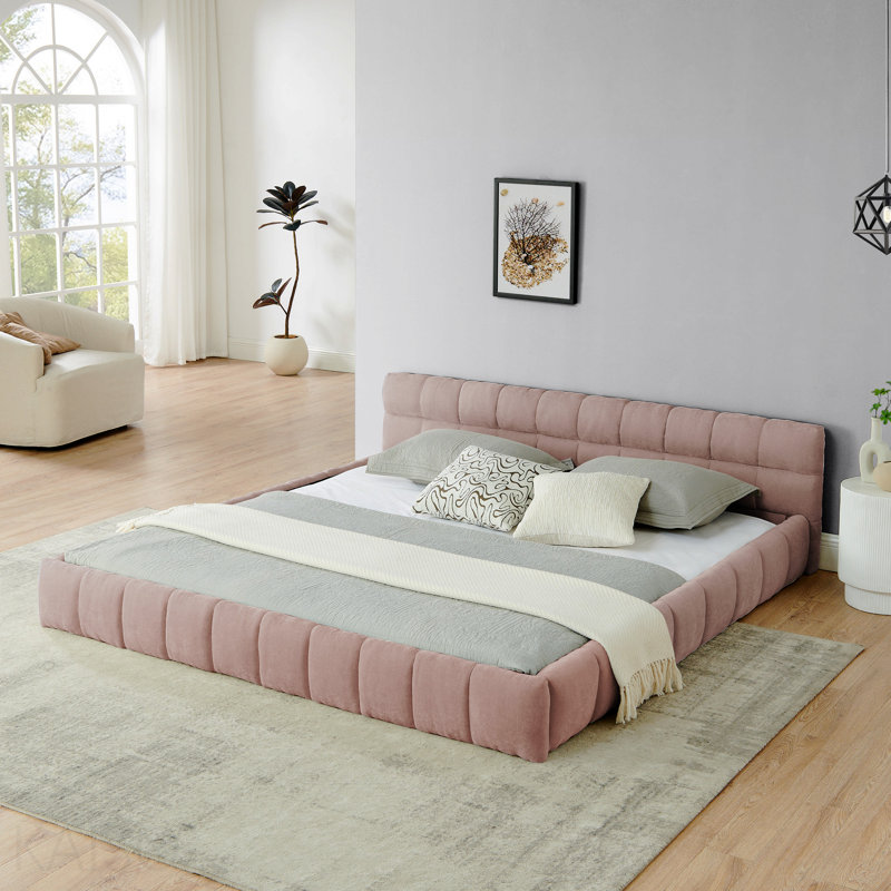 Très grand cadre de lit tapissier très grand avec tissu épais, lit plateforme grand format en chenille avec tête de lit et structure solide. Aucun sommier tapissier requis - rose (88,5 po x 85,5 po x 24 po)