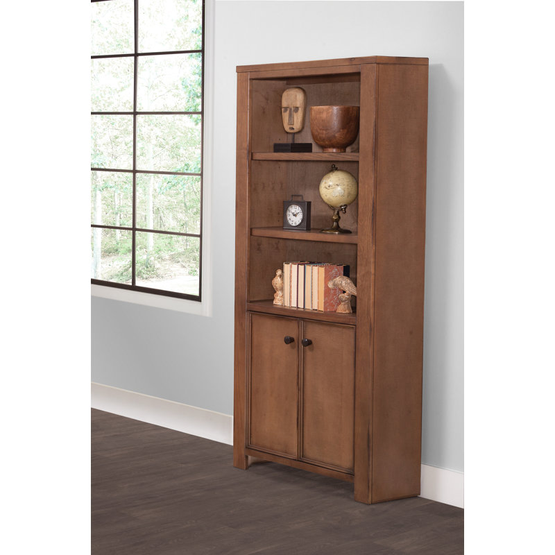 Bibliothèque quotidienne en bois rustique avec portes, tablettes de bibliothèque, centre de rangement, entièrement assemblée, brun