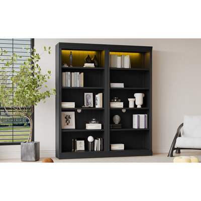 Suite de bibliothèque de 83 po de hauteur avec bande lumineuse, bibliothèque à 5 niveaux avec tablettes réglables, organisateur de rangement, étagère de rangement autoportante pour salon, bureau personnel, noir