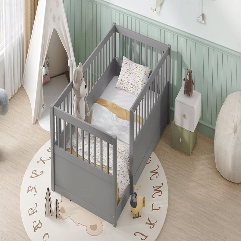 Structure de lit simple avec clôture, lit en bois pour enfants Montessori, lit en bois pour enfants, Gris