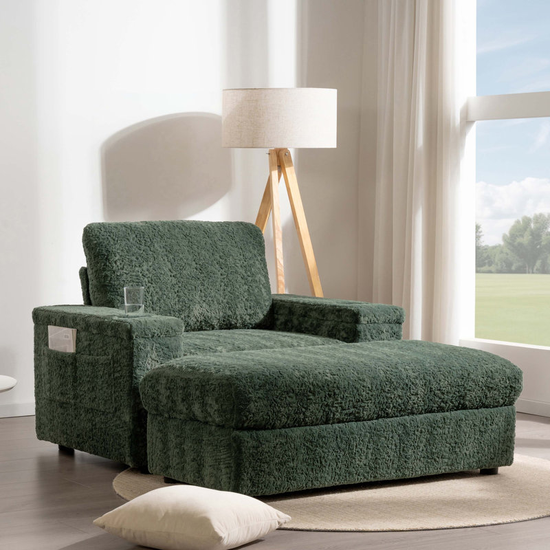 Fauteuil rembourré avec repose-pieds avec rangement et accoudoirs, porte-gobelets, Fausse fourrure verte