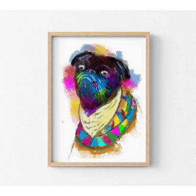 Art mural de réception d'hôtel pour animaux de compagnie, idée de cadeau de journée spéciale pour maman carlin noir, décor de vestibule de spa pour animaux de compagnie, aquarelle colorée carlin, art 11386 og