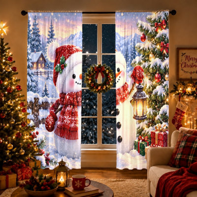 2Pcs Snowman Christmas Window Curtains, Festive Winter Scene Rod Pocket Light Filtering Curtains for Living Room Bedroom Kitchen Home Decor, Christmas Decorations, Holiday Decor, Room Decor