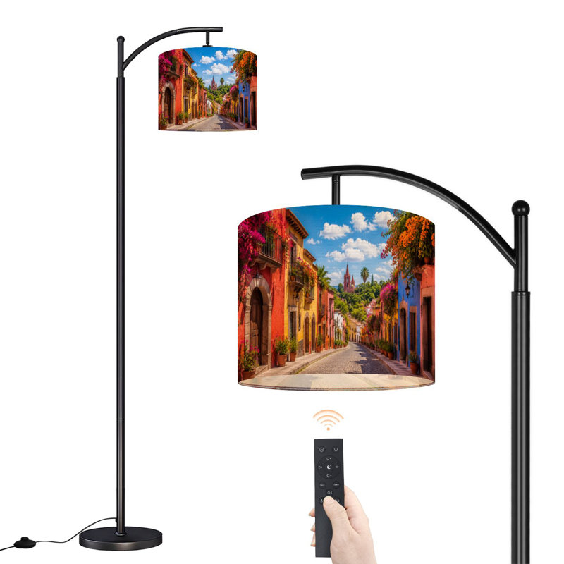 Lampe sur pied à arc avec abat-jour réglable Bâtiments mexicains colorés Lampe sur pied rue pavée 3 températures de couleur Lampe à mât haut avec interrupteur au pied pour la chambre à coucher