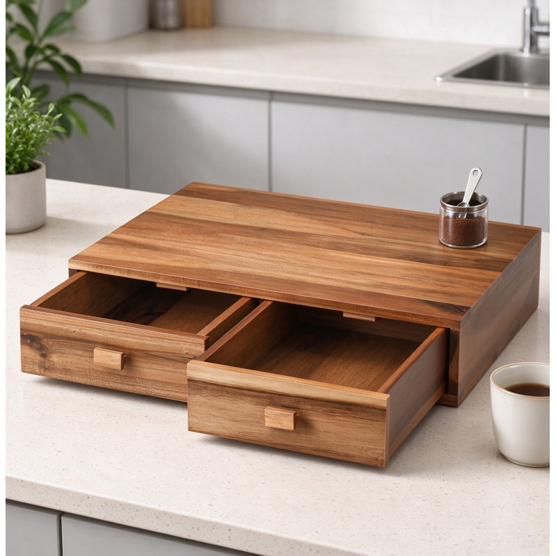 Boîte de rangement pour dosettes en bois d'acacia avec deux tiroirs, un organisateur de comptoir et un porte-gobelet K pour les capsules espresso, les sachets de thé et les essentiels de cuisine